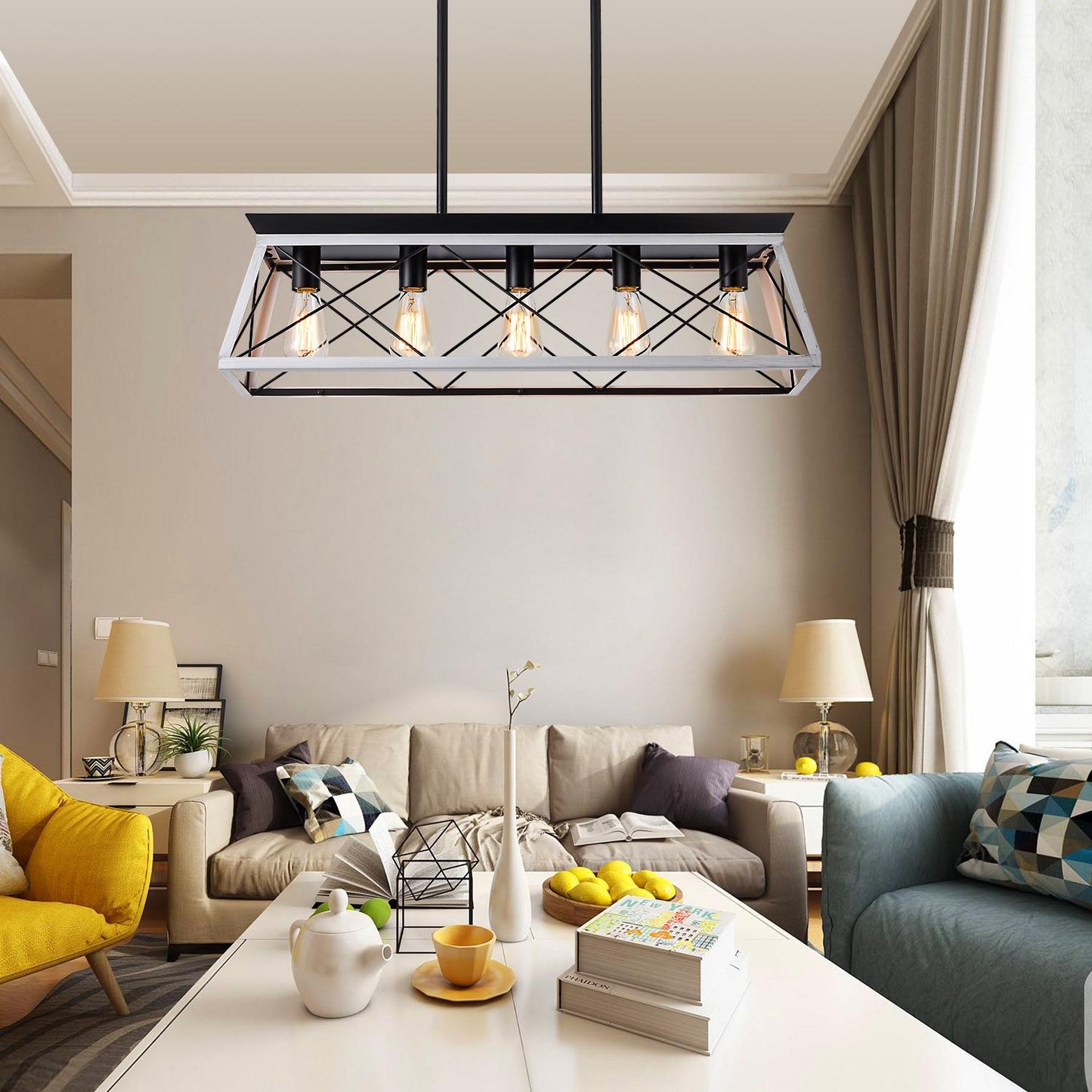 32" Black White Industrial 5-Light Pendant Chandelier, Modern Metal Cage Design, Adjustable Hanging Light for Dining Room, Kitchen, Living Room (No Bulbs)