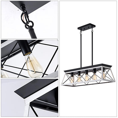 32" Black White Industrial 5-Light Pendant Chandelier, Modern Metal Cage Design, Adjustable Hanging Light for Dining Room, Kitchen, Living Room (No Bulbs)