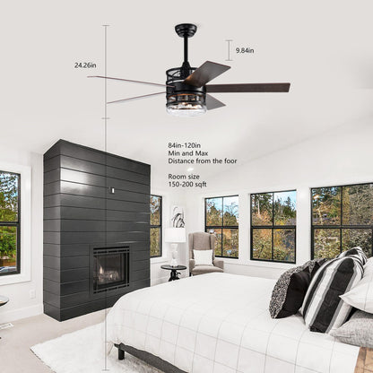 52-inch 5-blade Lighted Ceiling Fan with Remote Control , Glass Shade (Optional Remote) --Matte Black