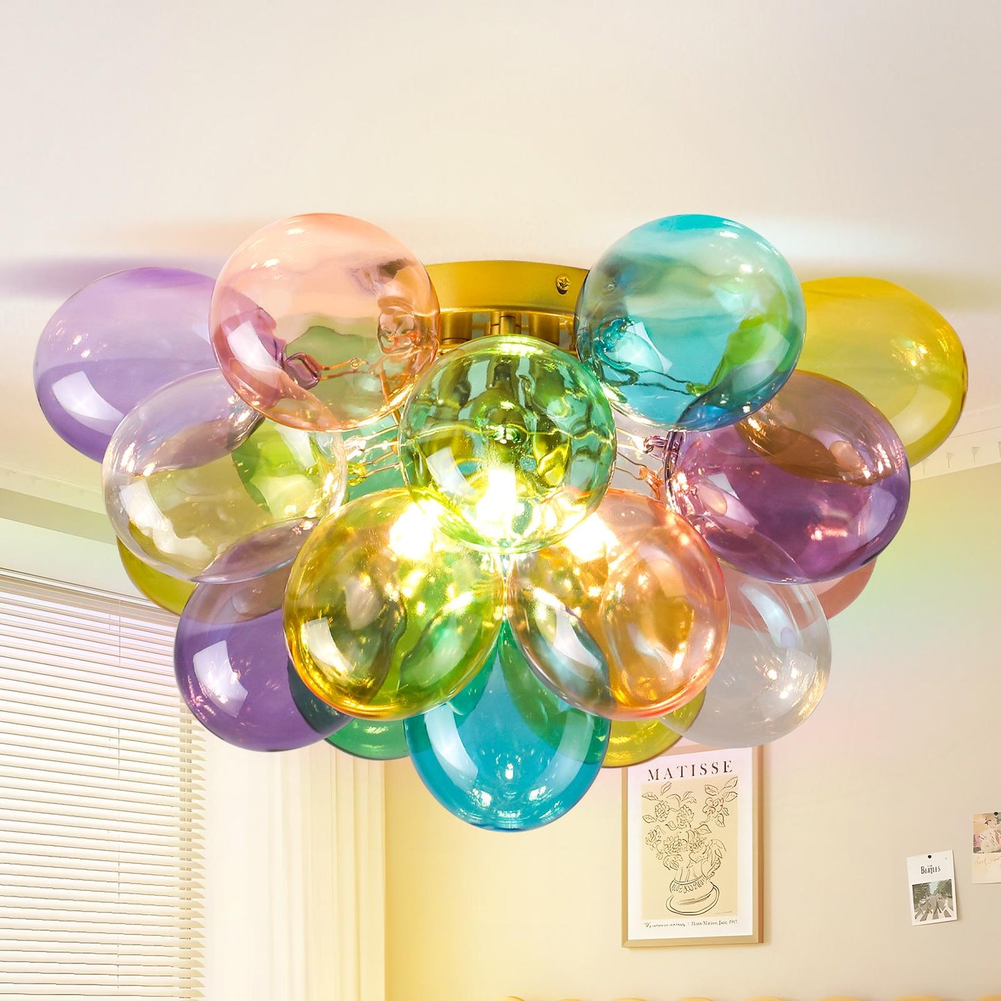 Colorful Glass Bubble Ball Swirled Glass Chandelier 15 Inch 3 Light, Small Pendant Light Fixture for Bedroom Study Restaurant