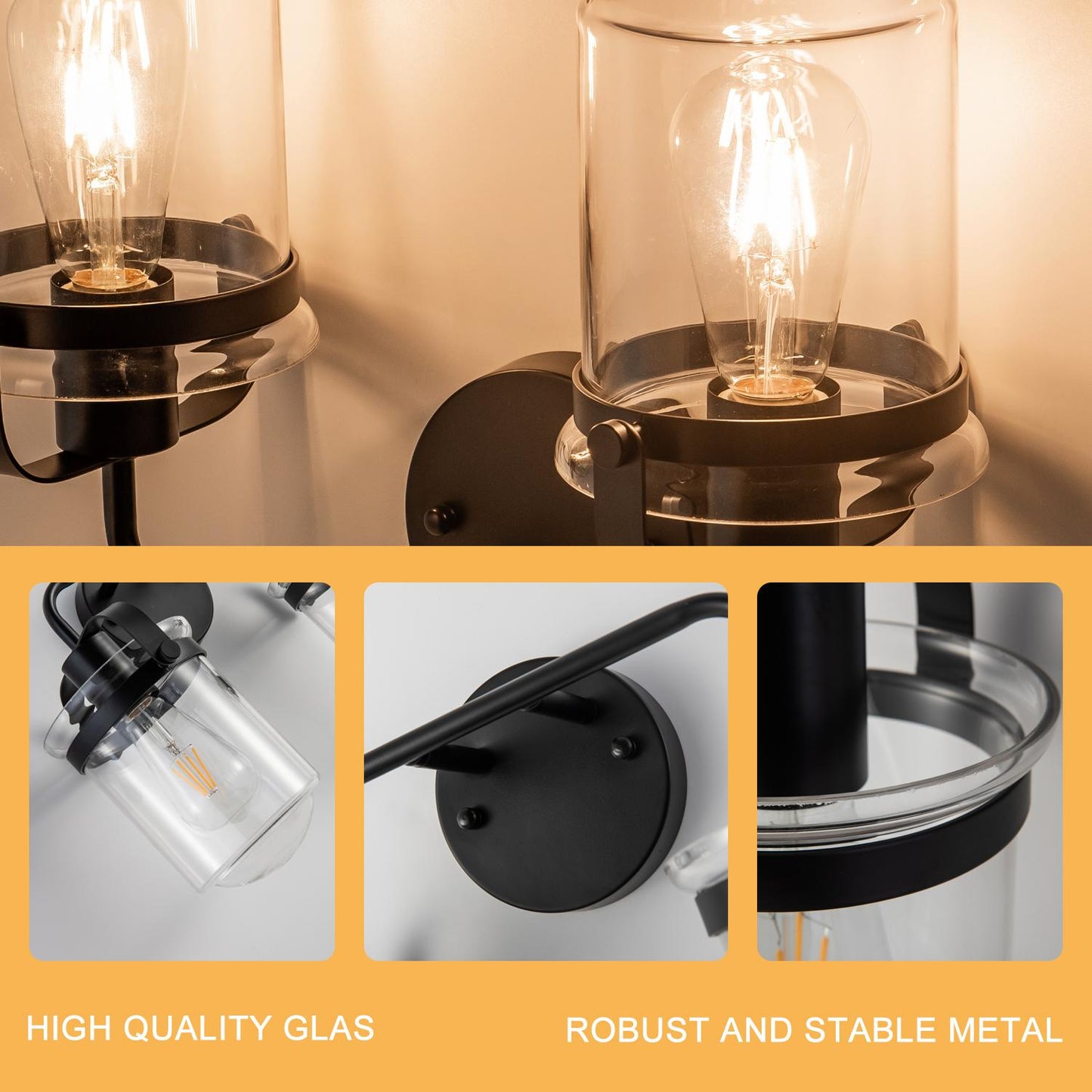 2-Light with Clear Glass Shade, Modern Sconce, Industrial Indoor  Light Fixture for Bathroom Living Room Bedroom Over Kitchen Sink, E26 Socket, [No Bulb]