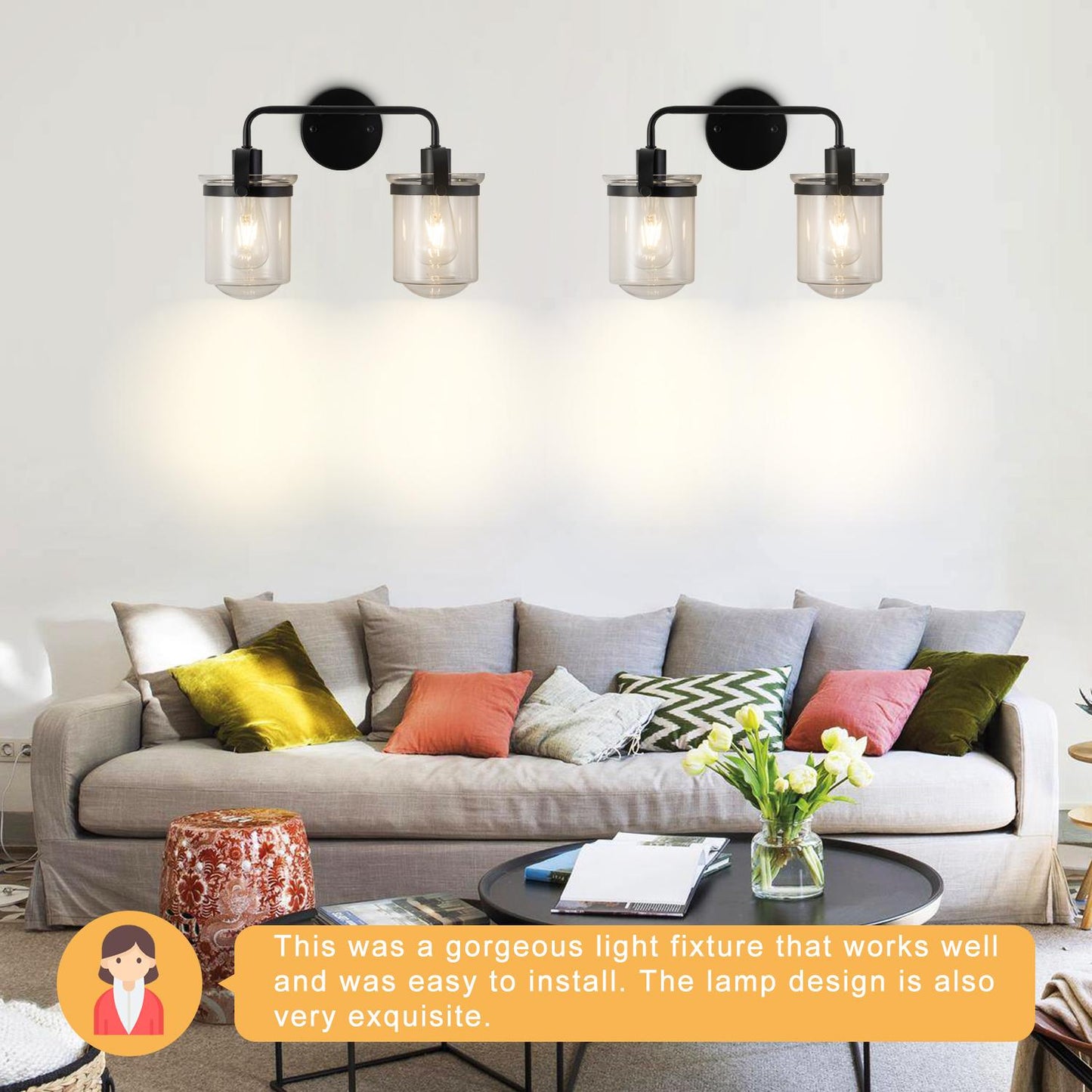 2-Light with Clear Glass Shade, Modern Sconce, Industrial Indoor  Light Fixture for Bathroom Living Room Bedroom Over Kitchen Sink, E26 Socket, [No Bulb]