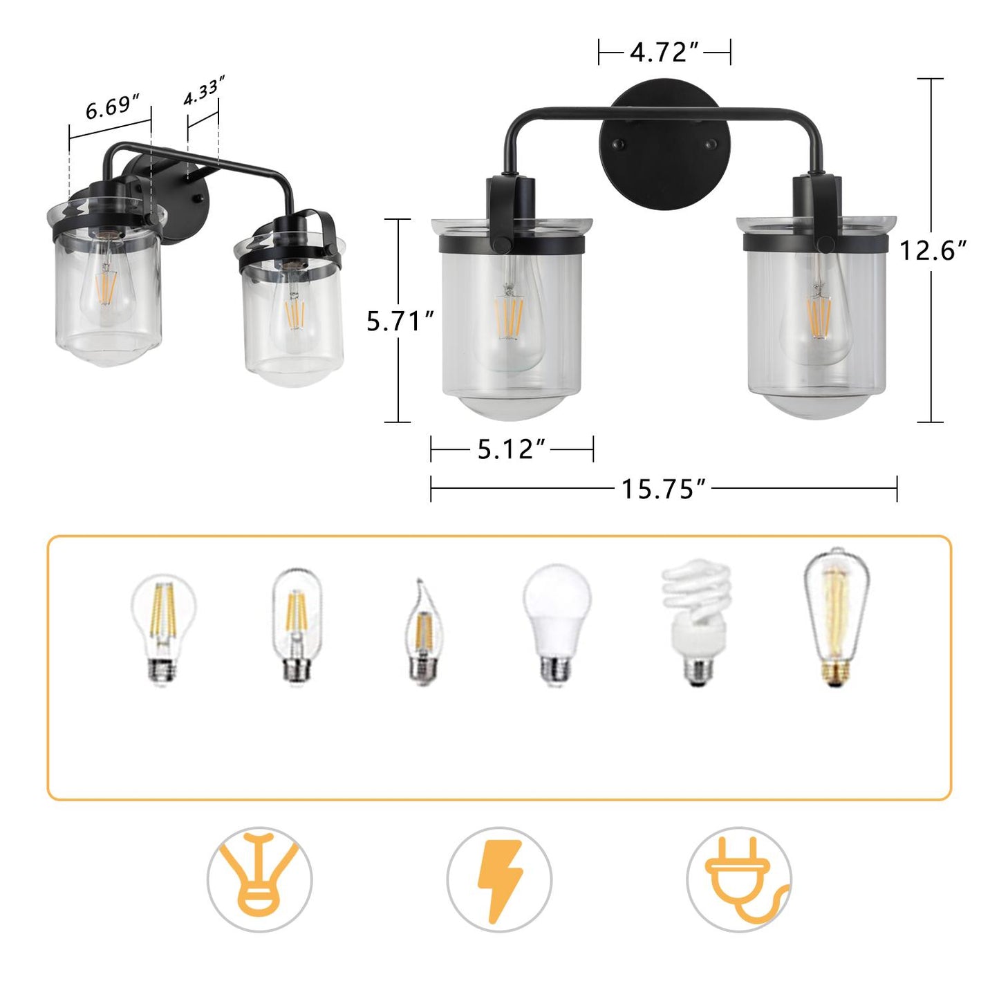 2-Light with Clear Glass Shade, Modern Sconce, Industrial Indoor  Light Fixture for Bathroom Living Room Bedroom Over Kitchen Sink, E26 Socket, [No Bulb]