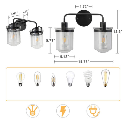 2-Light with Clear Glass Shade, Modern Sconce, Industrial Indoor  Light Fixture for Bathroom Living Room Bedroom Over Kitchen Sink, E26 Socket, [No Bulb]