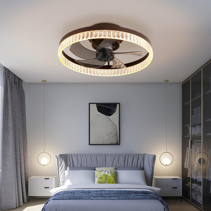 20" Brown Ceiling Fan with LED Light – Modern Flush Mount Fan Light for Bedroom, Living Room, and Home Décor with Crystal Ring Design