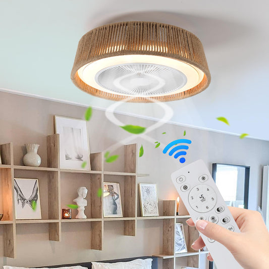 21" Bohemian Braided Ceiling Fan Light, Silent Remote Control with Timing Function, Adjustable Color Temperature, Suitable for Bedroom and Living Room (Silent/6-Speed/Reversible/DC Motor)