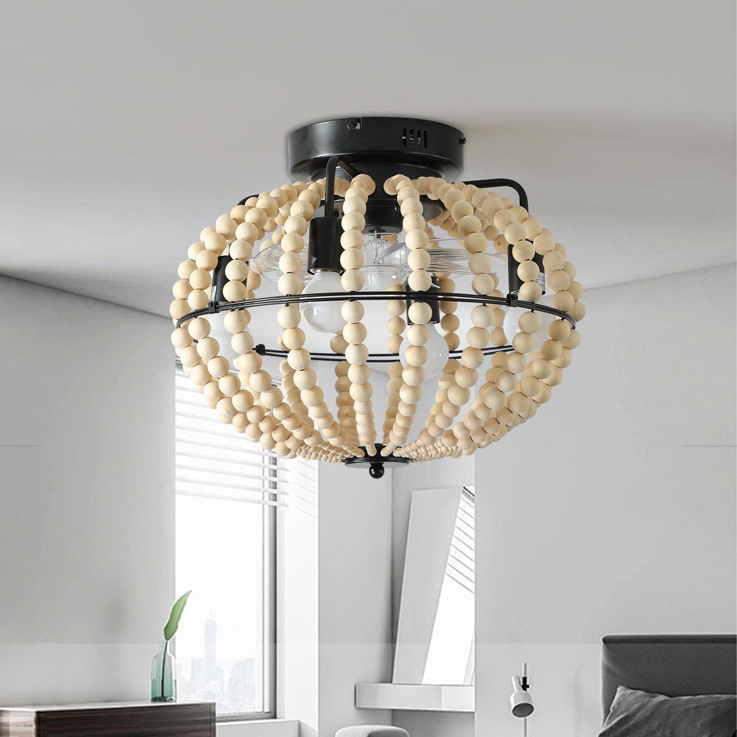 18" Bohemian Wood Beaded Ceiling Fan with Light, Flush Mount Caged Ceiling Fan, Rustic Farmhouse Low Profile Fan Light Fixture for Indoor Home Decor (Silent/6-Speed/Reversible/DC Motor) (No Bulbs)