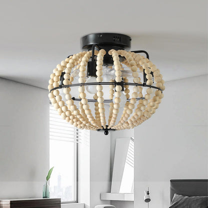 18" Bohemian Wood Beaded Ceiling Fan with Light, Flush Mount Caged Ceiling Fan, Rustic Farmhouse Low Profile Fan Light Fixture for Indoor Home Decor (Silent/6-Speed/Reversible/DC Motor) (No Bulbs)
