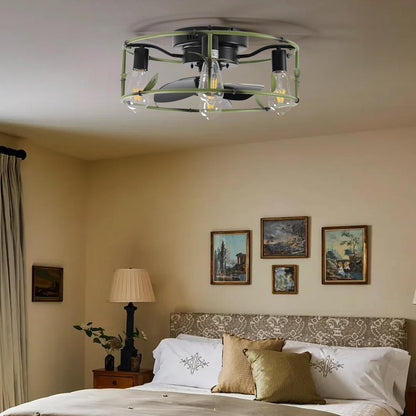 19" Green Industrial Ceiling Fan with Light - Flush Mount Caged Ceiling Fan with Remote, 3-Light Rustic Ceiling Fan, Silent 6-Speed Reversible DC Motor for Bedroom, Living Room (Bulb Not Included)