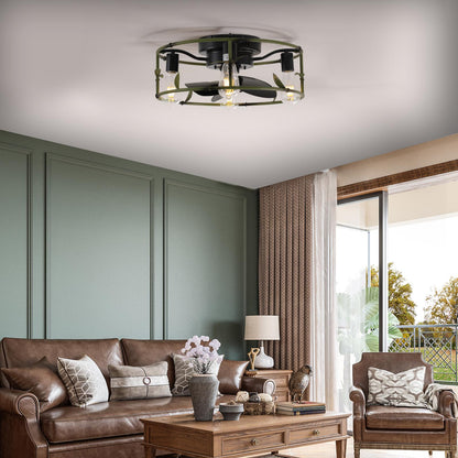 19" Green Industrial Ceiling Fan with Light - Flush Mount Caged Ceiling Fan with Remote, 3-Light Rustic Ceiling Fan, Silent 6-Speed Reversible DC Motor for Bedroom, Living Room (Bulb Not Included)