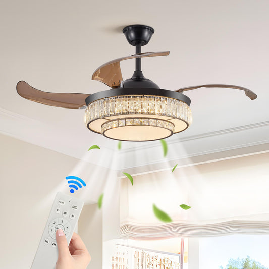 48" Contemporary Crystal LED Retractable Ceiling Fan with Light and Remote Control, 6-Speed Quiet Reversible DC Motor,4 Blades Modern Ceiling Fans for Kitchen Bedroom Dining Room Patio