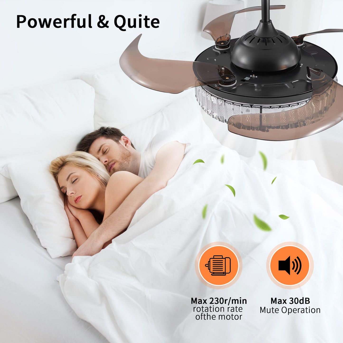 48" Contemporary Crystal LED Retractable Ceiling Fan with Light and Remote Control, 6-Speed Quiet Reversible DC Motor,4 Blades Modern Ceiling Fans for Kitchen Bedroom Dining Room Patio