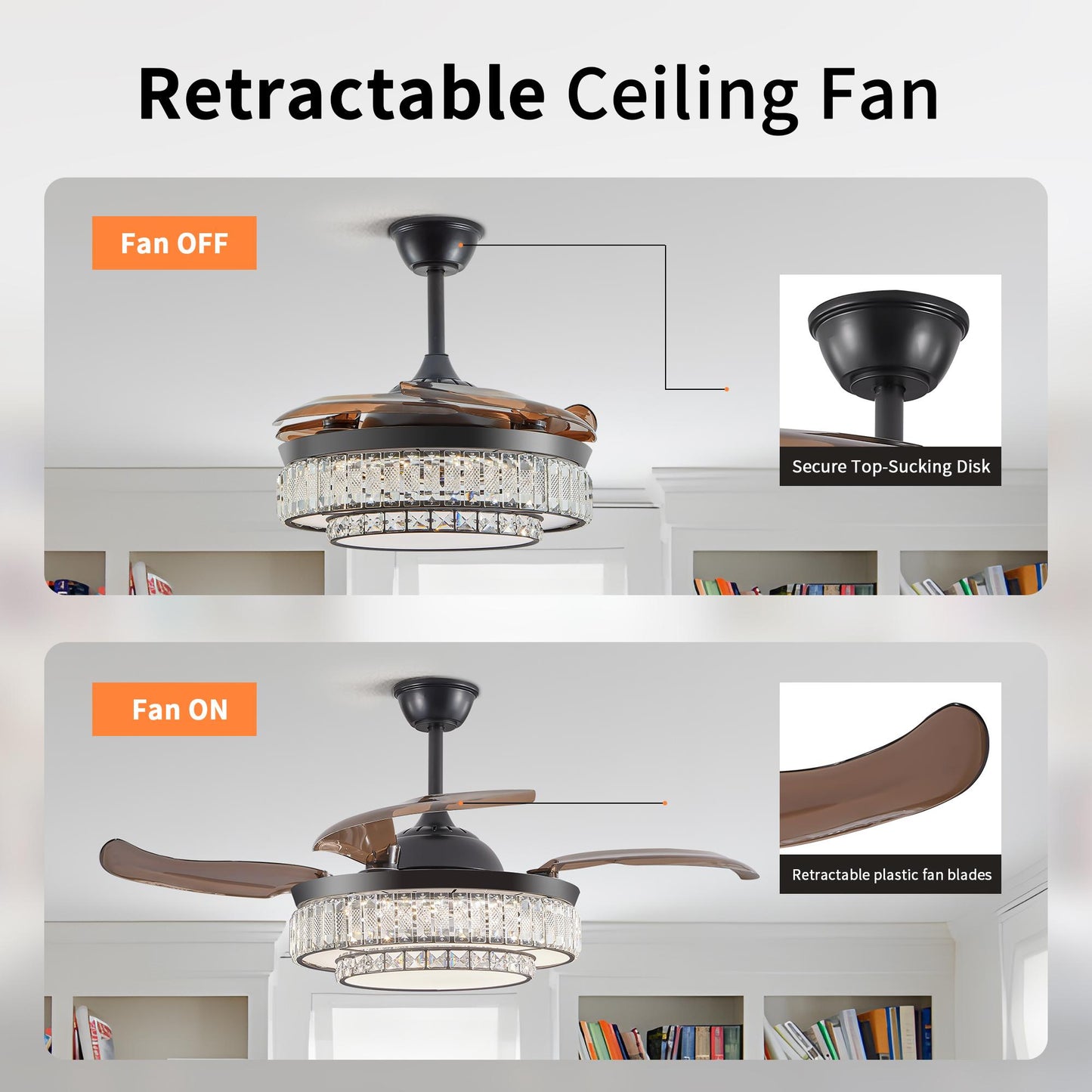 48" Contemporary Crystal LED Retractable Ceiling Fan with Light and Remote Control, 6-Speed Quiet Reversible DC Motor,4 Blades Modern Ceiling Fans for Kitchen Bedroom Dining Room Patio