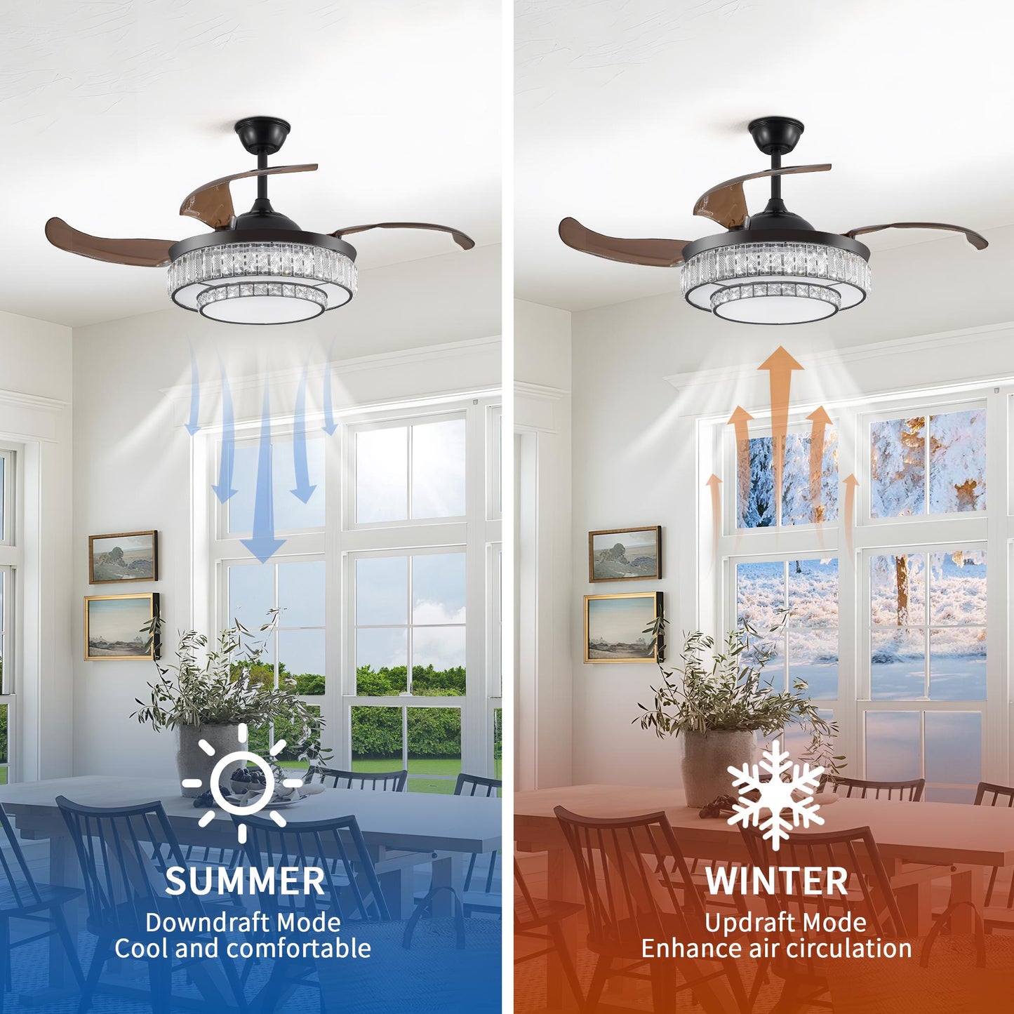 48" Contemporary Crystal LED Retractable Ceiling Fan with Light and Remote Control, 6-Speed Quiet Reversible DC Motor,4 Blades Modern Ceiling Fans for Kitchen Bedroom Dining Room Patio