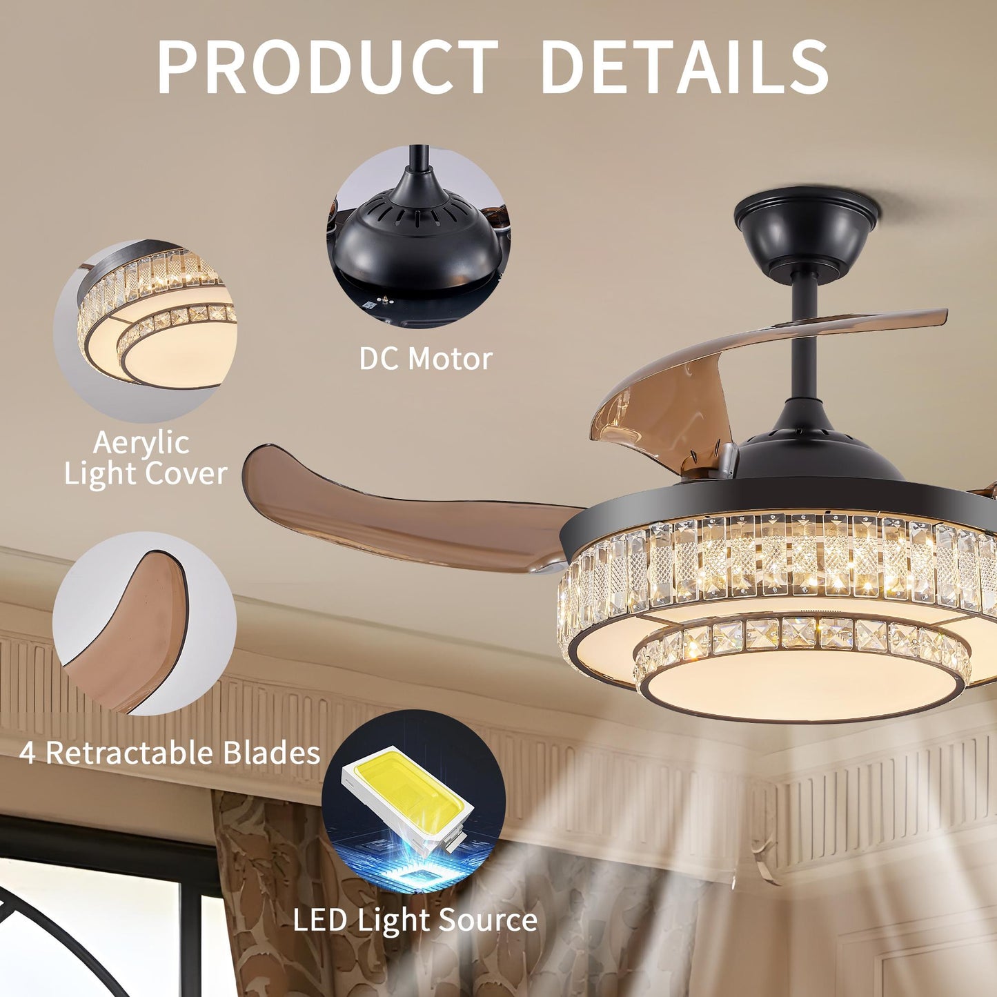 48" Contemporary Crystal LED Retractable Ceiling Fan with Light and Remote Control, 6-Speed Quiet Reversible DC Motor,4 Blades Modern Ceiling Fans for Kitchen Bedroom Dining Room Patio
