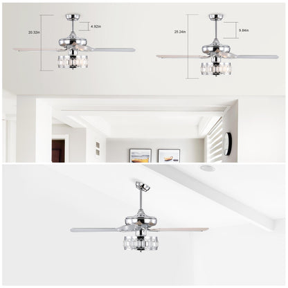 52" 3-Light Chrome Ceiling Fan + Remote, Traditional Farmhouse Rustic Industrial Bohemian Country Cottage Transitional Glam for Home, Kitchen, Living Room