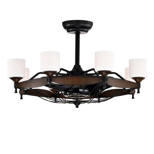 Dia 33 inch Chandelier Ceiling Fan With Remote Control,DC Motor ,6 Speed,3 ABS Blades for Bedroom Dining Room Living Room Kitchen Farmhouse Entry,Matte Black+  Red Wood Grain