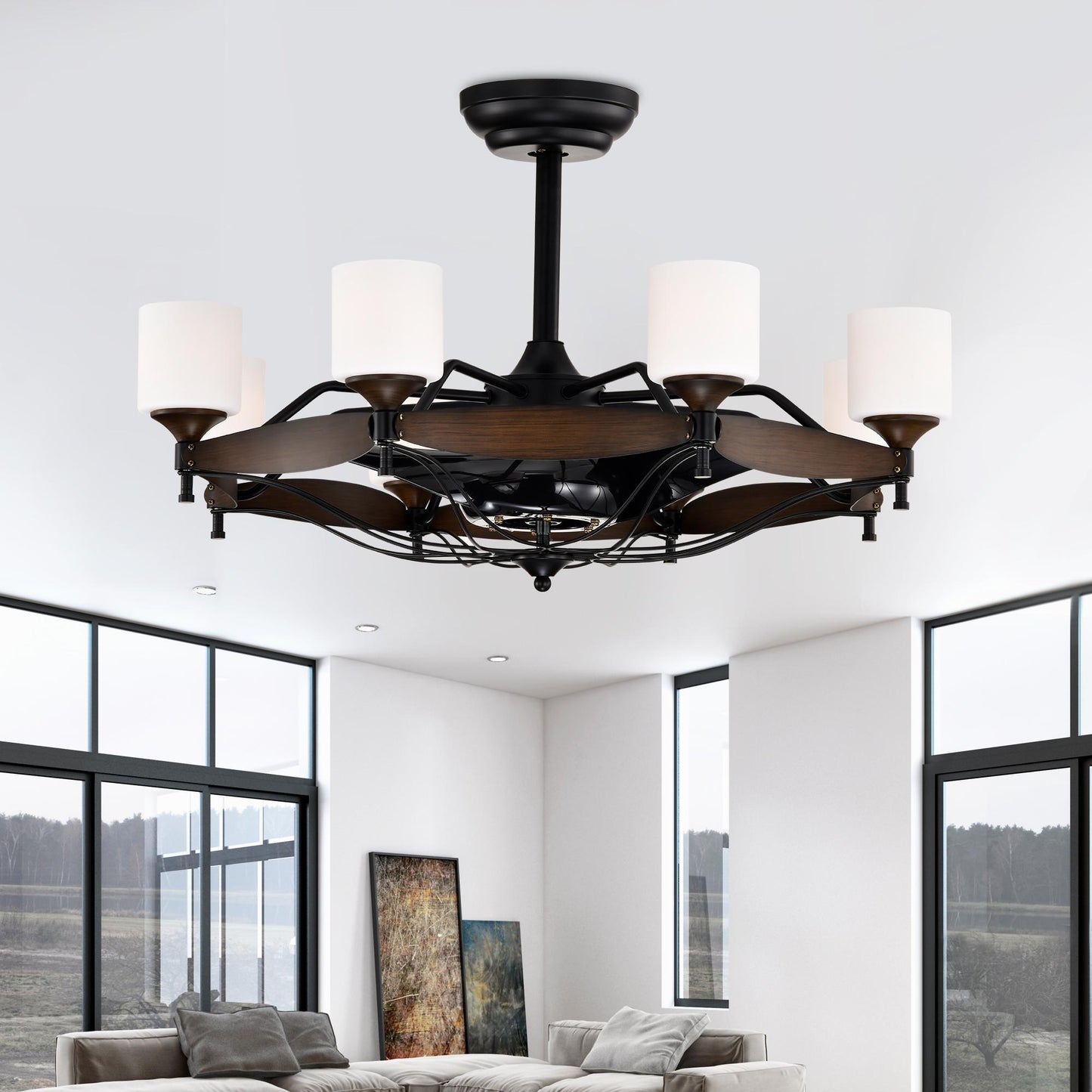 Dia 33 inch Chandelier Ceiling Fan With Remote Control,DC Motor ,6 Speed,3 ABS Blades for Bedroom Dining Room Living Room Kitchen Farmhouse Entry,Matte Black+  Red Wood Grain