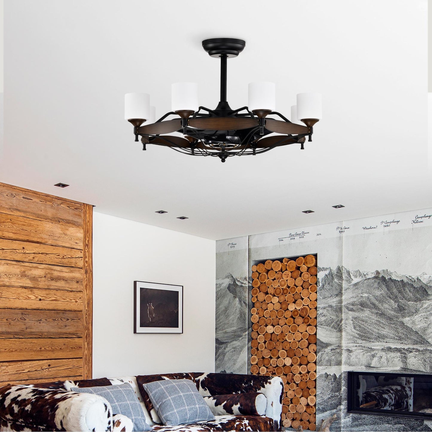 Dia 33 inch Chandelier Ceiling Fan With Remote Control,DC Motor ,6 Speed,3 ABS Blades for Bedroom Dining Room Living Room Kitchen Farmhouse Entry,Matte Black+  Red Wood Grain