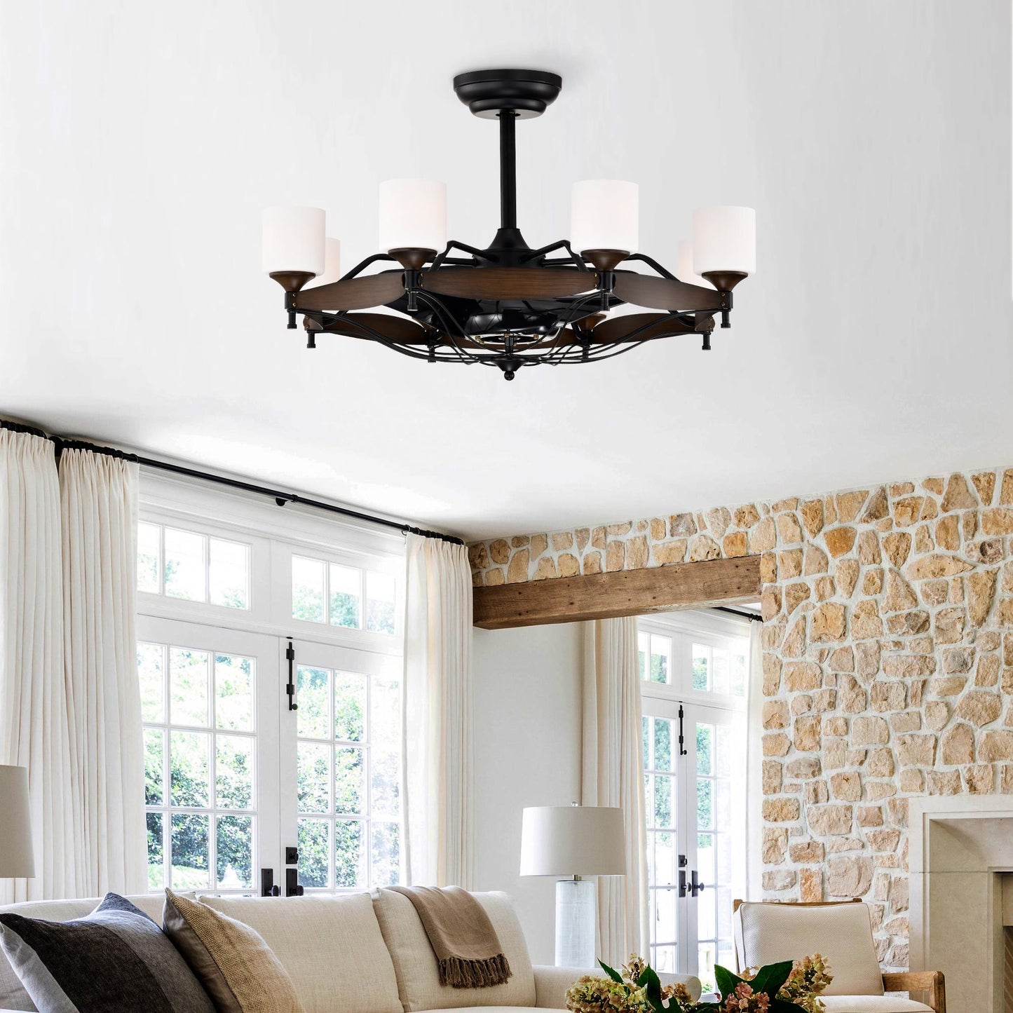 Dia 33 inch Chandelier Ceiling Fan With Remote Control,DC Motor ,6 Speed,3 ABS Blades for Bedroom Dining Room Living Room Kitchen Farmhouse Entry,Matte Black+  Red Wood Grain