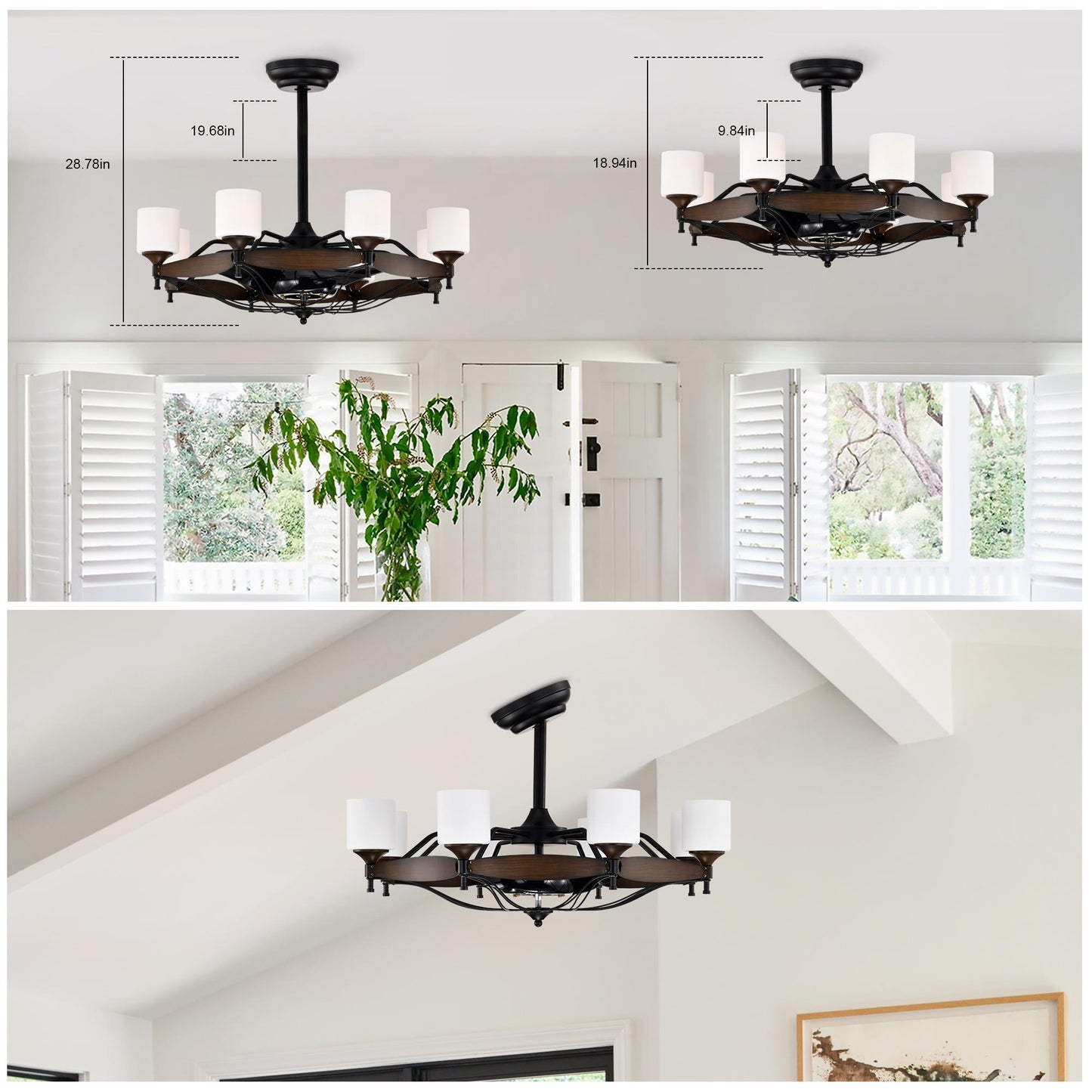 Dia 33 inch Chandelier Ceiling Fan With Remote Control,DC Motor ,6 Speed,3 ABS Blades for Bedroom Dining Room Living Room Kitchen Farmhouse Entry,Matte Black+  Red Wood Grain