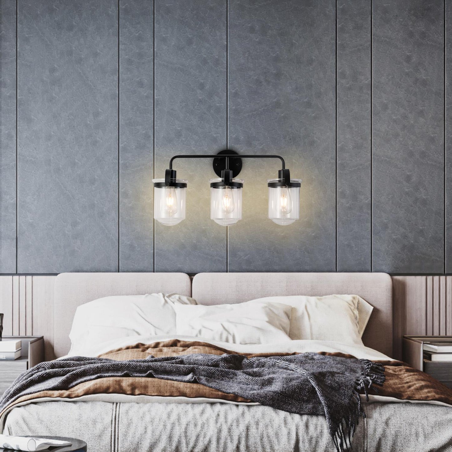 3-Light with Clear Glass Shade, Modern Sconce,  Industrial Indoor  Light Fixture for Bathroom Living Room Bedroom Over Kitchen Sink, E26 Socket,  [No Bulb]