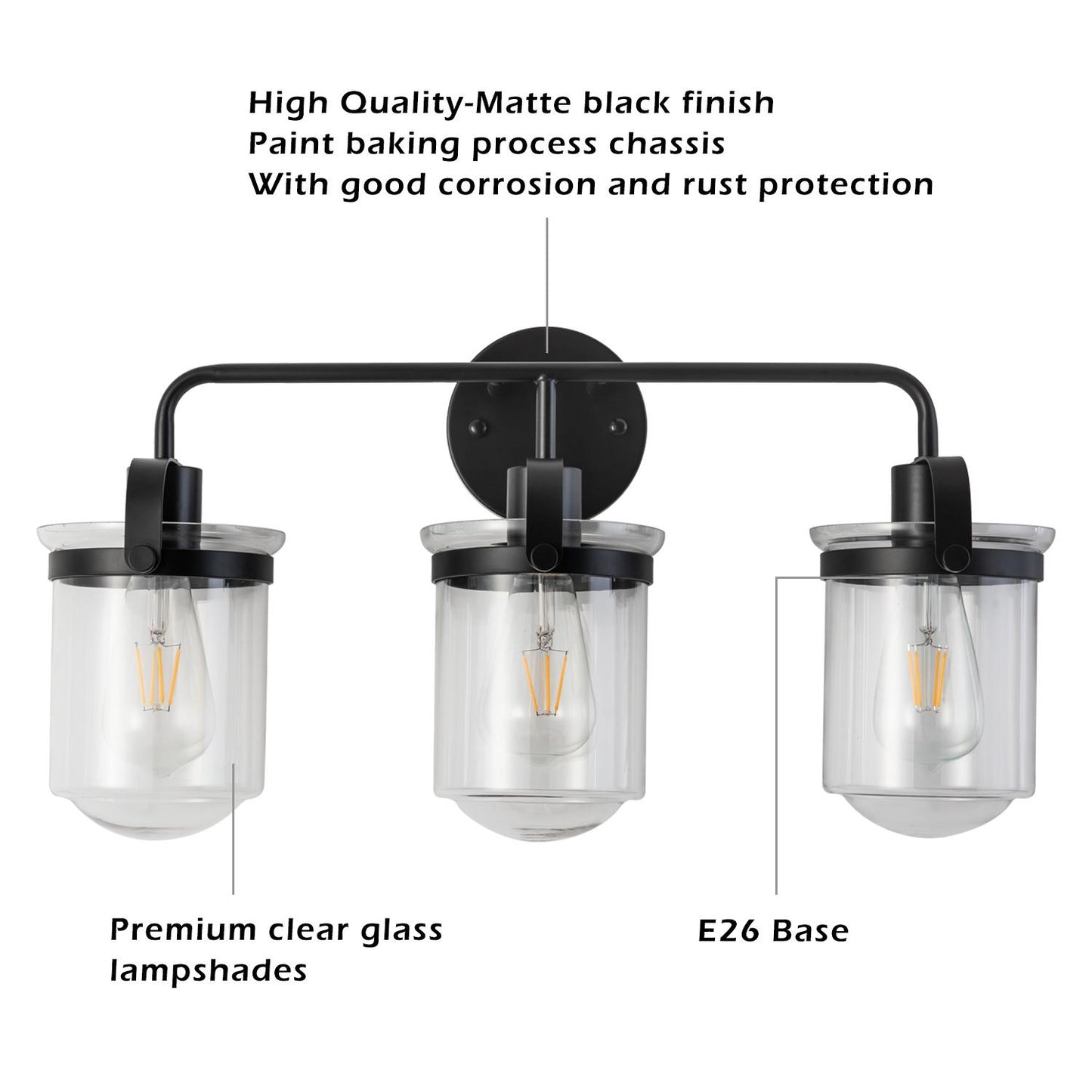 3-Light with Clear Glass Shade, Modern Sconce,  Industrial Indoor  Light Fixture for Bathroom Living Room Bedroom Over Kitchen Sink, E26 Socket,  [No Bulb]