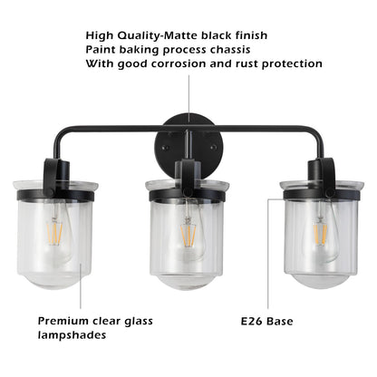 3-Light with Clear Glass Shade, Modern Sconce,  Industrial Indoor  Light Fixture for Bathroom Living Room Bedroom Over Kitchen Sink, E26 Socket,  [No Bulb]