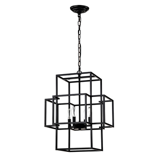 4-Light Metal Lantern Tiered Pendant Hanging Light Fixtures, Industrial Farmhouse Adjustable Height  Chandeliers for Dining Room Hallway Foyer Entryway--Matte Black (E12 Bulbs Not Included)