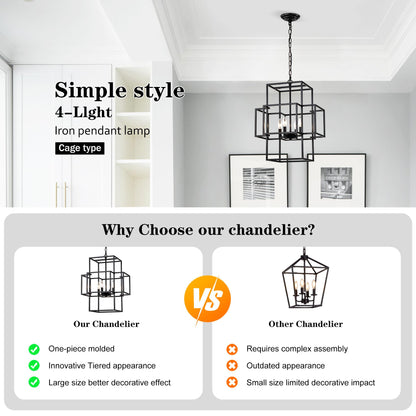4-Light Metal Lantern Tiered Pendant Hanging Light Fixtures, Industrial Farmhouse Adjustable Height  Chandeliers for Dining Room Hallway Foyer Entryway--Matte Black (E12 Bulbs Not Included)