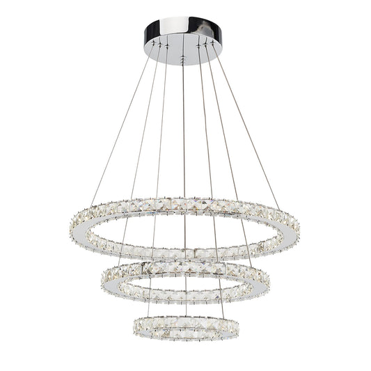3-Layers Round Ring Chandelier, Iron Stainless Steel Crystal Chrome Color 4000K Natural White Lighting Fixtures, 60w LED Pendant Light For Living Room Dining Room