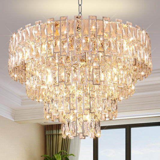 Chrome Luxury Crystal Chandelier for Dining Room, 32-Inch Modern Ceiling Light, French Empire Style with Premium K9 Crystals, Elegant Chrome Finish, Perfect for Living Room or Bedroom, 21-Light Fixtur