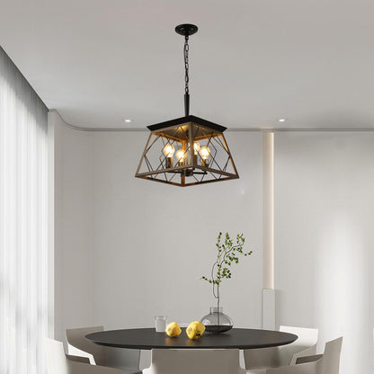 (Same as W1340111202/L1008) 16" Walnut Industrial 4-Light Pendant Chandelier, Modern Metal Cage Design, Adjustable Hanging Light for Dining Room, Kitchen, Living Room (No Bulbs)