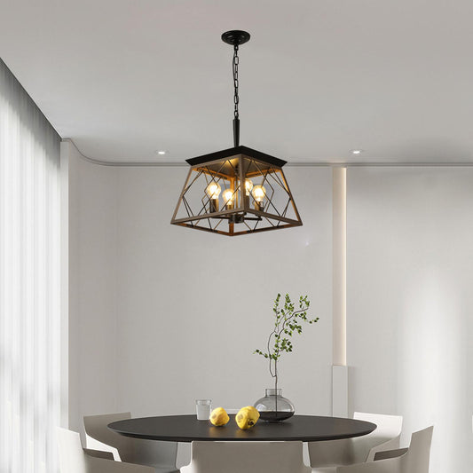 (Same as W1340111202/L1008) 16" Walnut Industrial 4-Light Pendant Chandelier, Modern Metal Cage Design, Adjustable Hanging Light for Dining Room, Kitchen, Living Room (No Bulbs)