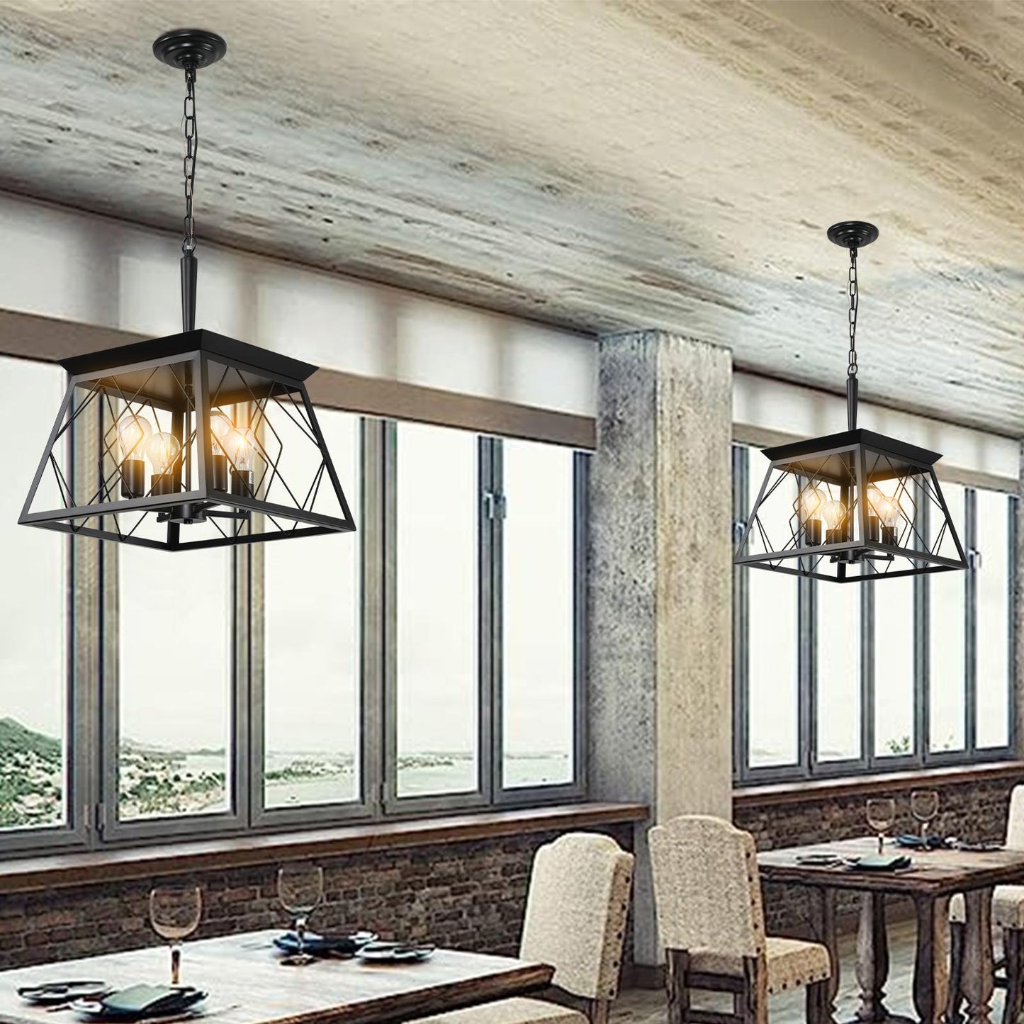(Same as W1340111203/L1009) 16" Black Industrial 4-Light Pendant Chandelier, Modern Metal Cage Design, Adjustable Hanging Light for Dining Room, Kitchen, Living Room (No Bulbs)