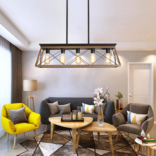 (Same as W134067498/L1003) 32" Walnut Industrial 5-Light Pendant Chandelier, Modern Metal Cage Design, Adjustable Hanging Light for Dining Room, Kitchen, Living Room (No Bulbs)
