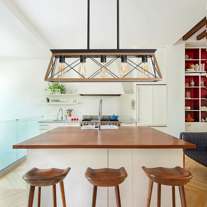 (Same as W134067498/L1003) 32" Walnut Industrial 5-Light Pendant Chandelier, Modern Metal Cage Design, Adjustable Hanging Light for Dining Room, Kitchen, Living Room (No Bulbs)