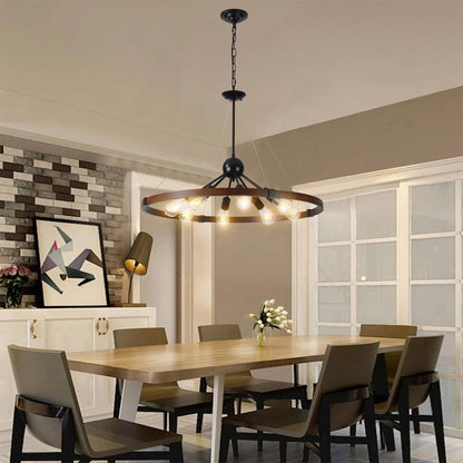 (Same as W1340111208/L1012) 32" Rustic Industrial Chandelier, 8-Light Farmhouse Pendant Lighting Fixture with Metal and Wood Finish, Adjustable Chain for Dining Room, Kitchen, or Living Room (No Bulb)