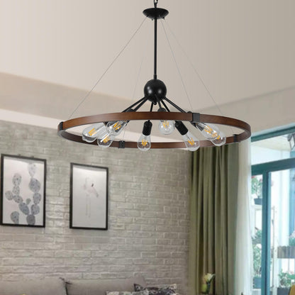 (Same as W1340111208/L1012) 32" Rustic Industrial Chandelier, 8-Light Farmhouse Pendant Lighting Fixture with Metal and Wood Finish, Adjustable Chain for Dining Room, Kitchen, or Living Room (No Bulb)
