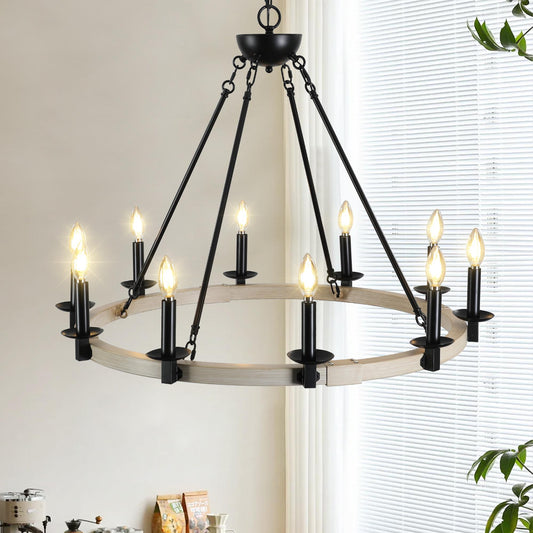 32" Rustic Farmhouse 10-Light Candle Chandelier, Black Metal and Wood Round Hanging Light Fixture for Dining Room, Kitchen, Living Room, Adjustable Height, E12 Bulb Base (No Bulbs)