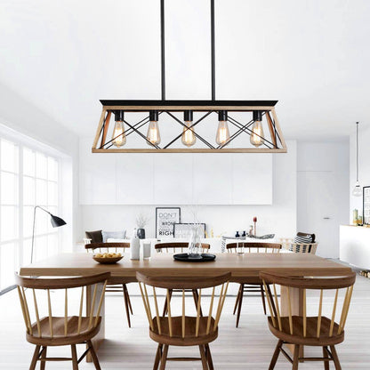 (Same as W134067497/L1002) 32" Oak Industrial 5-Light Pendant Chandelier, Modern Metal Cage Design, Adjustable Hanging Light for Dining Room, Kitchen, Living Room (No Bulbs)