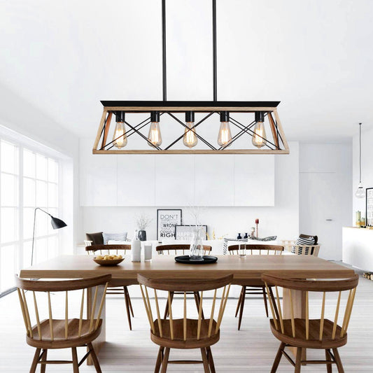 (Same as W134067497/L1002) 32" Oak Industrial 5-Light Pendant Chandelier, Modern Metal Cage Design, Adjustable Hanging Light for Dining Room, Kitchen, Living Room (No Bulbs)