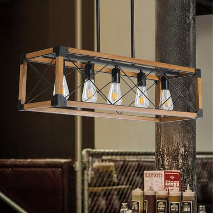 (Same as W1340111207/L1011) 32" Walnut Industrial Farmhouse Rectangle Pendant Light, 5-Light Chandelier for Dining Room, Kitchen Island, Cafe Decor (No Bulbs)