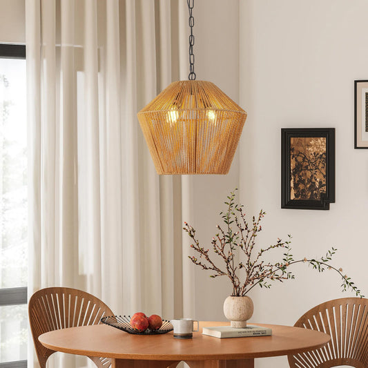 17" Boho Hemp Rope Pendant Light, Handcrafted Farmhouse Hanging Light Fixture for Kitchen Island, Dining Room, or Bedroom, Natural Finish, Adjustable Height (Bulb Not Included)