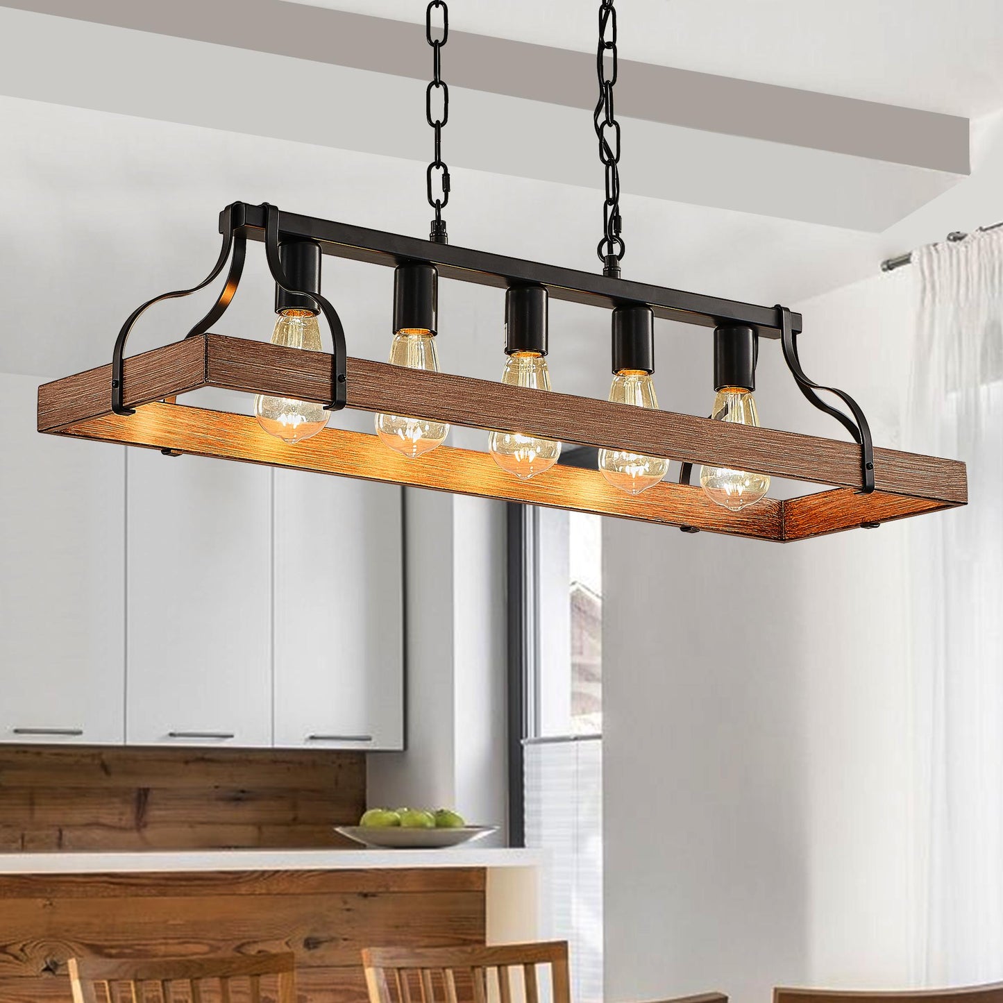 34-Inch Black and Walnut Wood Grain Pendant Light, 5 E26 Bulb Sockets, Adjustable Chain Height – Modern Farmhouse Chandelier for Dining Room, Kitchen, or Living Room (Bulb Not Included)
