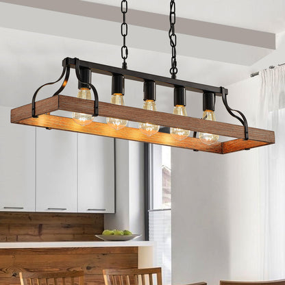 34-Inch Black and Walnut Wood Grain Pendant Light, 5 E26 Bulb Sockets, Adjustable Chain Height – Modern Farmhouse Chandelier for Dining Room, Kitchen, or Living Room (Bulb Not Included)