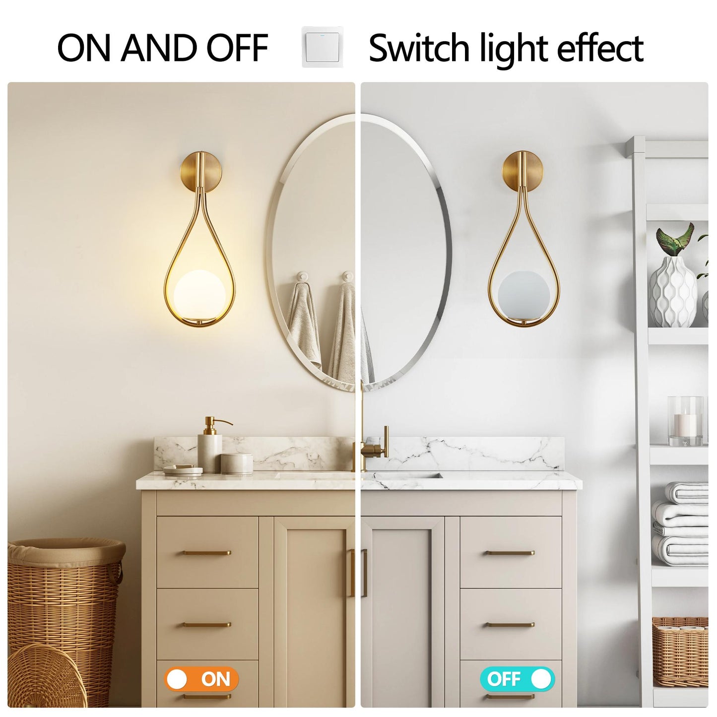19" Set of 2 Modern Golden Wall Sconces with Opal Glass Globe, Mid-Century Design, Luxury Wall Lights for Bedroom, Living Room, Hallway (No Bulb)