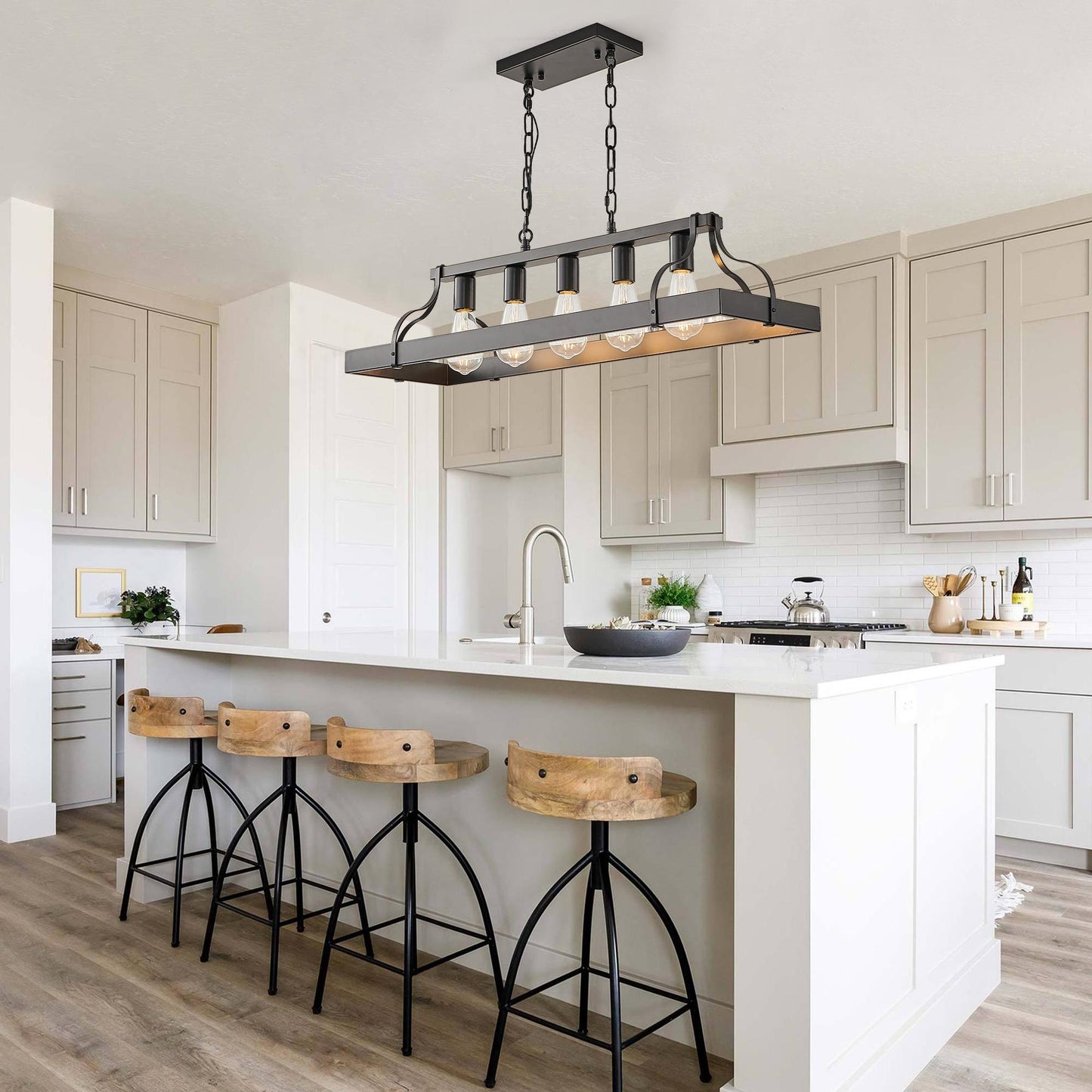 34-Inch Black Industrial Pendant Light with 5 E26 Bulb Sockets, Adjustable Chain Height – Modern Farmhouse Linear Chandelier for Dining Room, Kitchen Island, or Living Room (Bulb Not Included)