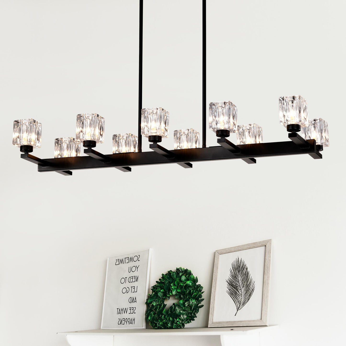 Chandelier for Dining Room, 10-Light Black Farmhouse Linear Pendant Light Fixture, Modern Crystal Hanging Lighting Chandelier for Kitchen Island, Bar, Long Table, G9 Bulb(10*G9*MAX 40W)