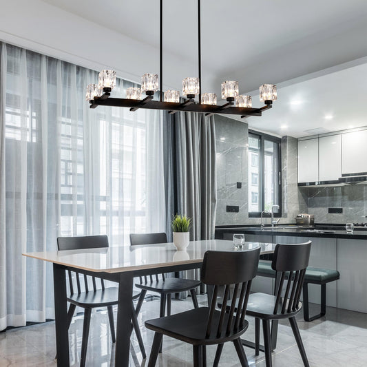 Chandelier for Dining Room, 10-Light Black Farmhouse Linear Pendant Light Fixture, Modern Crystal Hanging Lighting Chandelier for Kitchen Island, Bar, Long Table, G9 Bulb(10*G9*MAX 40W)